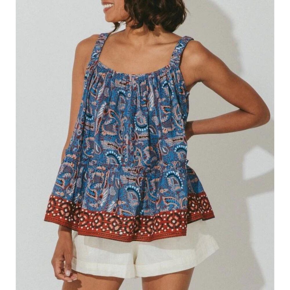 Cleobella Daya Toplazuli Rust and Blue 100% cotton Top, size L